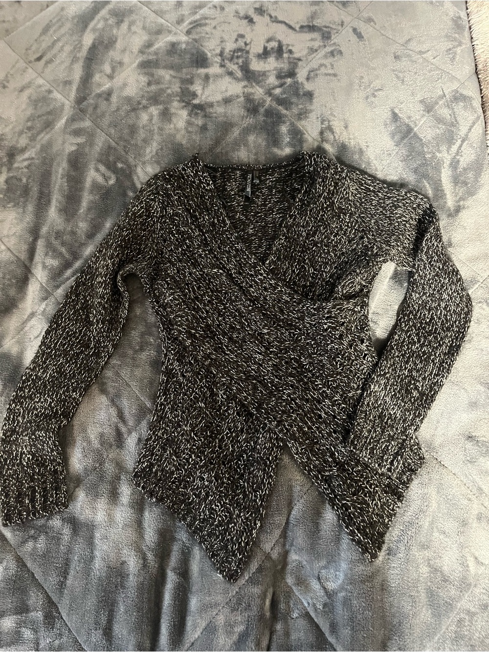 Marled Black and White V-Neck Wrap Sweater